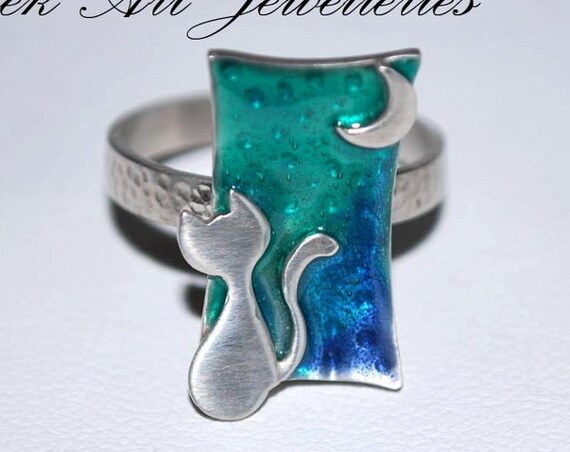 Ring Blue Green Enamel Cat Moon Sterling Silver Handmade Jewelry Fine Greek Art Best Gift Ideas for her Birthday Anniversary Romantic Woman