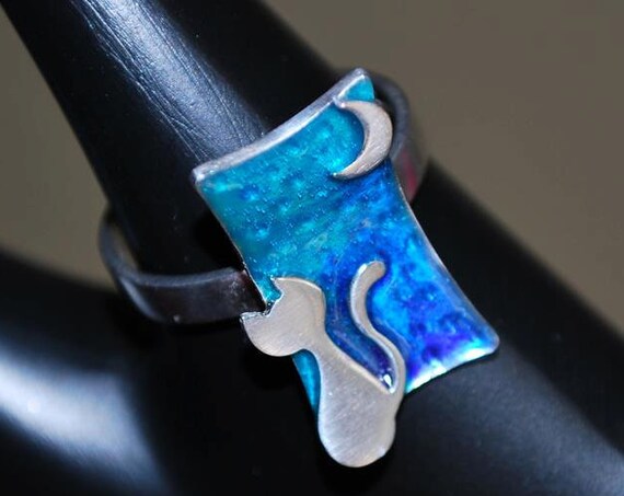 Ring Blue Green Enamel Cat Moon Silver 925 white Gold-palted Handmade Jewelry Best Gift Ideas for her Birthday Anniversary Catlovers