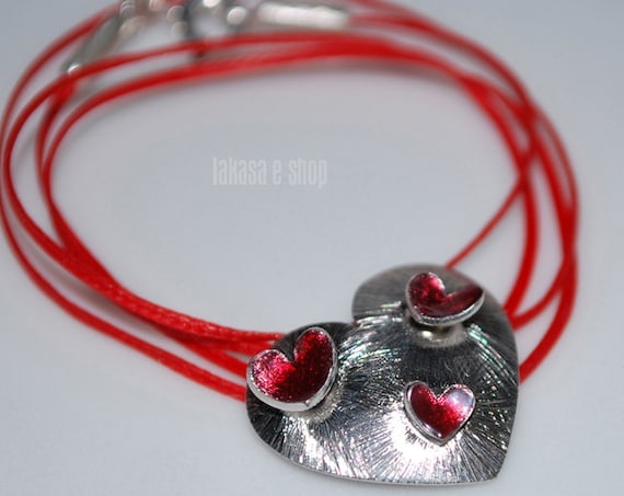 Necklace Red Enamel Hearts Silver 925 white Gold-plated Handmade Jewelry Best Gift Ideas for her Valentine Anniversary Woman Mother Day Love