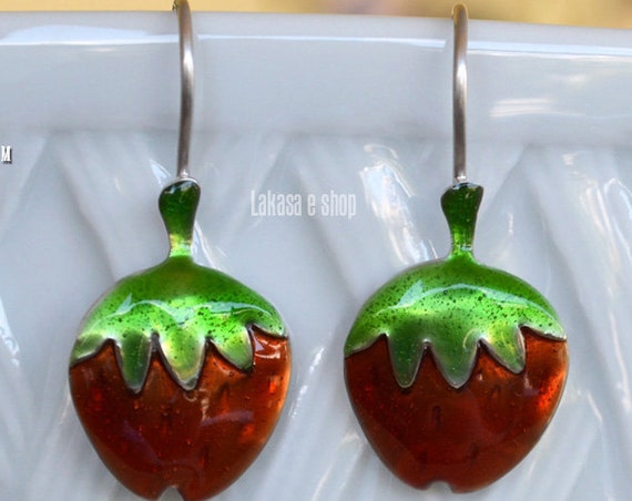 Enamel Strawberry Earrings Silver 925 white Gold-plated Handmade Jewelry Spring Summer Best Ideas Gifts Woman Girl Greek Art Lakasa Eshop