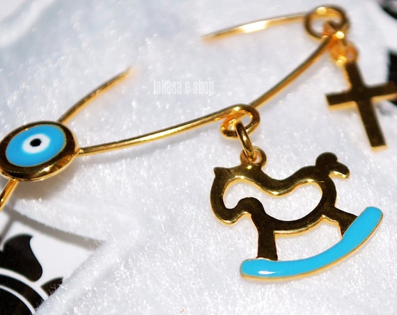 Blue Enamel Baby Brooch Pony Carousel Sterling Silver Gold plated Handmade Jewelry Cross Eye Happy Shower Day Religious Baptism Newborn Boy