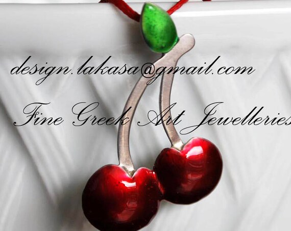 Red Enamel Cherries Necklace Sterling Silver Handmade Jewelry Fruit Juicy Girl Summer Collection Moda Pretty Woman Idea Mediterranean Greece