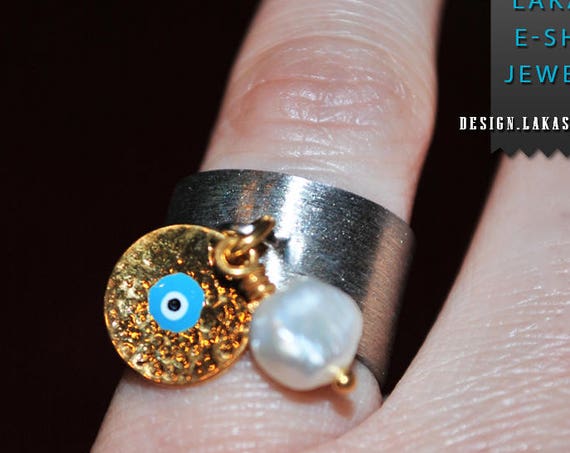 Chevalier Ring Enamel Blue Eye Freshwater Pearl Silver 925 Handmade Jewelry Midi Rings Anniversary Birthday Best Ideas Gifts Mother Woman