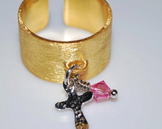 Ring Chevalier Sterling Silver 925 Gold-plated Cross Charm with Pink Swarovski Crystal Religious Jewelry Handmade Greek Art Woman Gift Ideas
