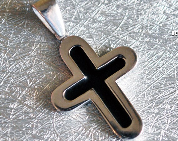 Pendant Black Enamel Cross Sterling Silver white Gold plated Jewelry Greek Art Gift Christian Religious Baptism Collection Men Unisex Moda