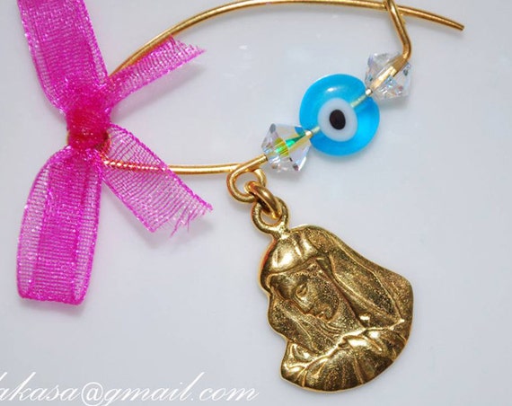 Madona Baby Brooch Sterling Silver Gold plated Swarovski Crystals Blue Eye Fine Greek Art Best Gift Baptism Birthday Mother Mom Newborn Girl