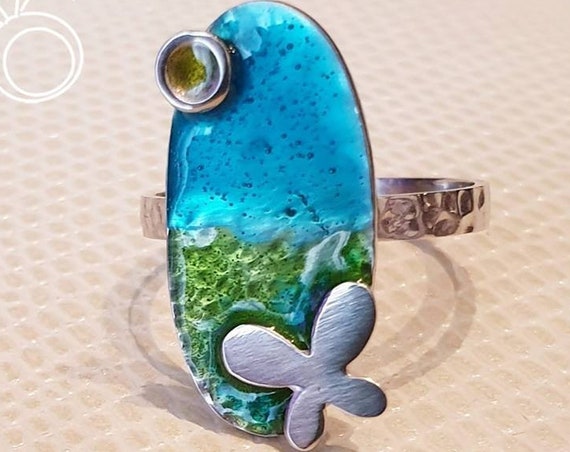 Butterfly Enamel Ring Silver 925 white Gold-plated Handmade Jewelry Best Ideas Gifts for her Birthday Anniversary Mother's Day Easter Spring