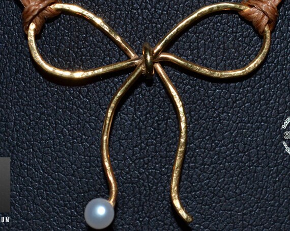 Necklace Bow & Freshwater Pearl Silver 925 Gold-plated Handmade Jewelry Brown Cordon Anniversary Birthday Best Gift Ideas For Her Mother Day