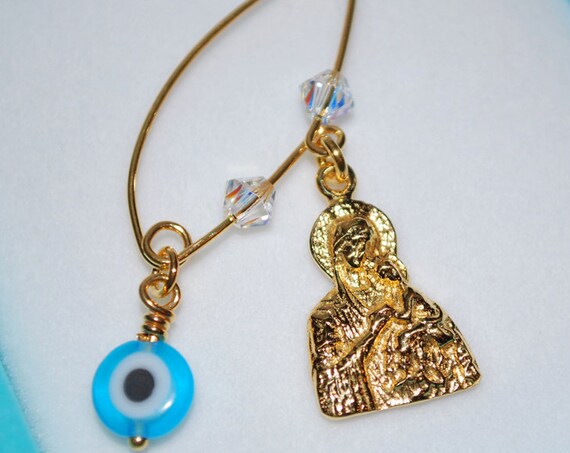 Madona Baby Brooch Sterling Silver Gold plated Swarovski Crystals Blue Eye Handmade Jewelry Baptism Birthday Mother Newborn girl boy kids