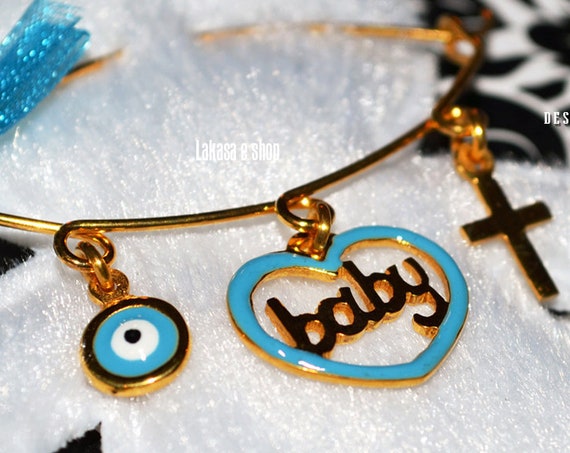 Blue Enamel Heart Baby Brooch Silver 925 Gold-plated Handmade Jewelry Cross Eye Mama Happy Shower Day Religious Baptism Newborn It is a Boy