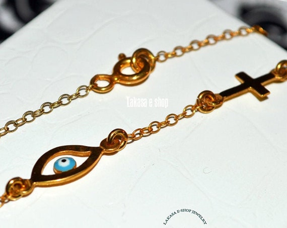 Chain Bracelet Εnamel Εye & Cross Silver 925 Gold-plated Handmade Jewelry Best Ideas Gifts Newborn Baby Boy Girl Unisex Woman Birthday