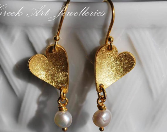Earrings Hearts with Freshwater Pearls Sterling Silver 925 Gold-plated Handmade Jewelry FREE Shipping Greek Art Valentine Love Woman Passion