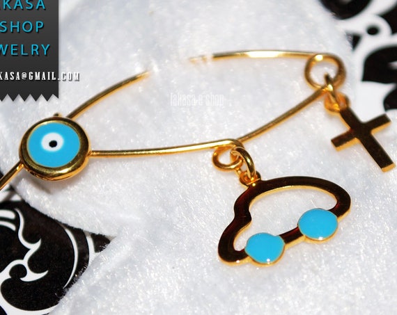 Blue Enamel Car Baby Brooch Sterling Silver Gold plated Handmade Jewelry Cross Eye HappyShowerDay Religious Christening Baptism Newborn Boy