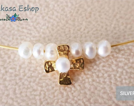 Cross Necklace Silver 925 Gold-plated Handmade Jewelry with Freshwater Pearls Best Gifts Birthday Anniversary Woman Girlfriend Mother's Day