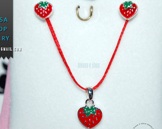 Best Price Juicy Strawberry Red Enamel Set Jewelry Necklace Earrings Silver 925 White Goldplated Girl School Moda Kids Collection OFFER