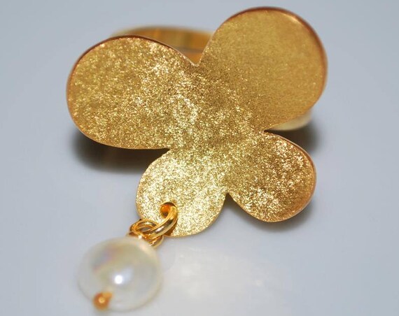 Butterfly Freshwater Pearl Ring Silver 925 Gold-plated Handmade Jewelry Valentine Love Mommy Anniversary Mother's Day Romantic Best Gift