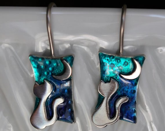 Earrings Cat Moon Sterling Silver Blue Green Enamel Handmade Jewelry Best gift ideas for her Birthday Anniversary Romantic Style Catlovers
