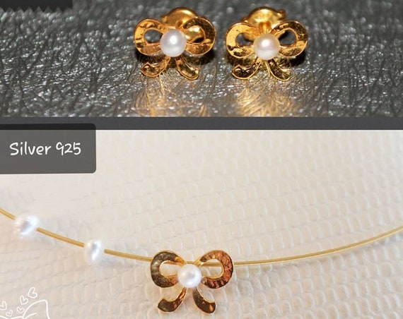 SET Necklace & Studs Earrings with Freshwater Pearls Cute Bow Silver 925 Gold-plated Handmade Jewelry Anniversary Birthday Best Ideas Gifts