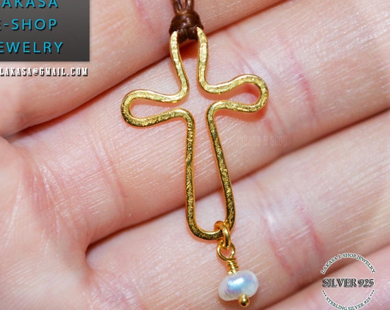 Cross Freshwater Pearl Necklace Sterling Silver Gold Handmade Jewelry Chirstian Religious Gift hammered style byzantine art