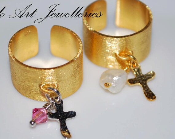 Ring Chevalier Sterling Silver Gold plated Cross Charm with Pink Swarovski Crystal or Freshwater Pearl Religious Jewelry Handmade Greek Art