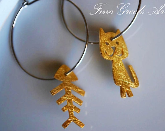 Fish Cat hoop Earrings Sterling Silver gold plated Jewelry Best idea gift forher girlfriend cute girl lovely funny passion moda woman