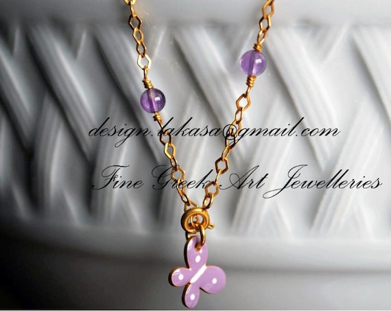 Purple Enamel Butterfly Bracelet Sterling Silver Gold plated Jewelry Amethyst beads Chain Fine Greek Art Best Gift Ideas for friendship Hope