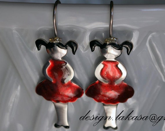 Red Enamel Girl little Princess Earrings Sterling Silver white gold plated Jewelry Handmade quality fine greek art best ideas gifts woman