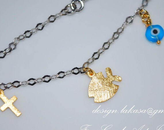 Fish Bracelet Sterling Silver Gold Fine Greek Art Handmade Jewelry Chain Cross Eye Best Idea Gift Christian Mama Baptism Baby Woman Children