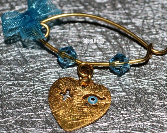 Baby Brooch Heart Enamel Eye Cross & Blue Swarovski Crystals Silver 925 Handmade Jewelry Mother Day Religious Christening Newborn Boy Mommy