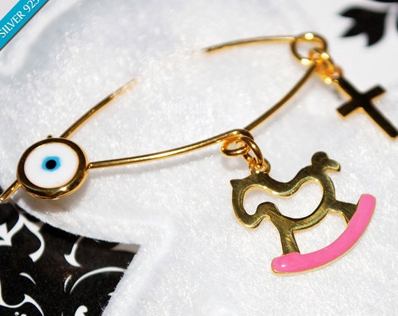 Pink Enamel Baby Brooch Pony Carousel Sterling Silver Gold plated Handmade Jewelry Cross Eye Happy Shower Day Religious Baptism Newborn Girl