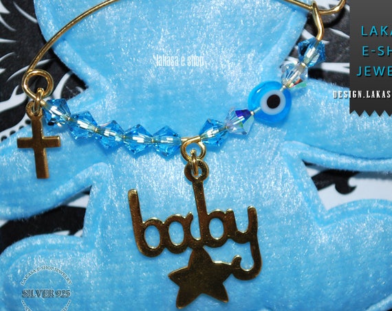 Lucky Star Baby Brooch Sterling Silver Gold Blue Swarovski Crystals Jewelry Best idea Gift Baptism Christian Cross Birthday Mother Mommy Boy