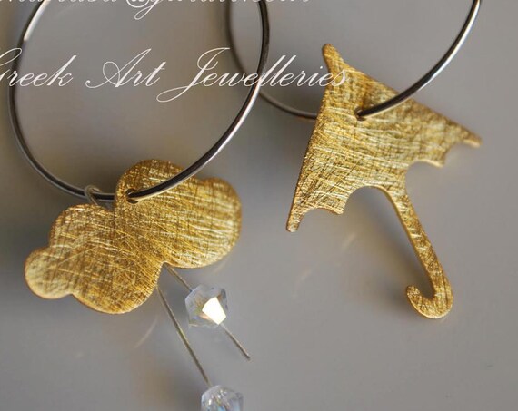 Umbrella Cloud Swarovski Crystals hoop earrings Sterling Silver Gold plated Handmade Jewelry Greek Art Best Gift Ideas for her Woman Girl