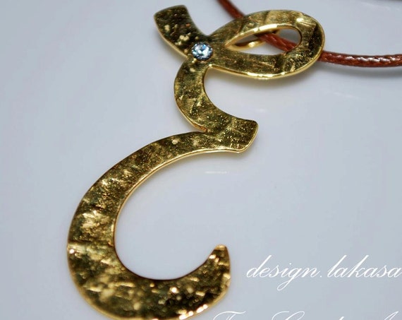 Monogram Sterling Silver Gold plated Jewelry Necklace brown cordon Rhinestone Crystal Fine Greek Art Best Gift idea for her Woman Girlfriend