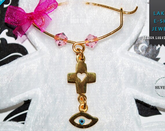 Baby Brooch Cross Heart Pink Swarovski Crystals Enamel Eye Sterling Silver Handmade Jewelry Mother Religious Christening Newborn Girl Mommy