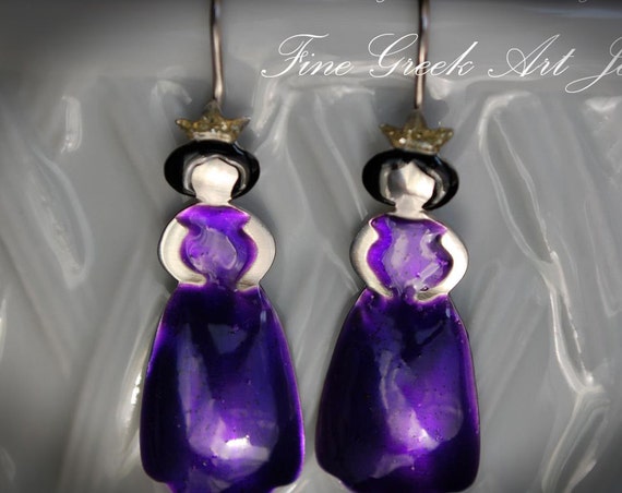 Purple Enamel Princess Earrings Sterling Silver 925 white Gold-plated Handmade Jewelry Fine Greek Art Quality Best Ideas Gifts for her Woman