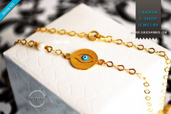 Handmade Jewelry Necklace Chain Sterling Silver Gold plated Blue Enamel Eye Freshwater Pearl Fine Greek Art Mother's Day Woman Girlfriend