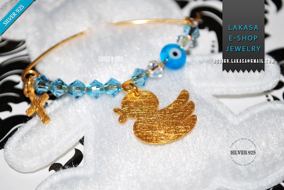 Happy Duck Baby Boy Brooch Sterling Silver Gold plated Cross Swarovski Crystals Jewelry Best idea Gift Baptism Christening Birthday Mother