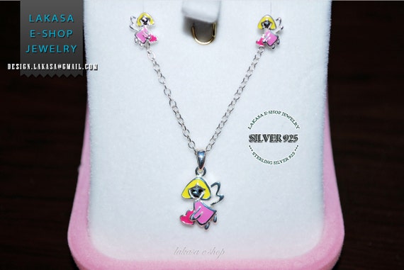 Girls set jewelry princess fairy tale angel heart enamel necklace earrings sterling silver jewelry gift best ideas birthday christmas