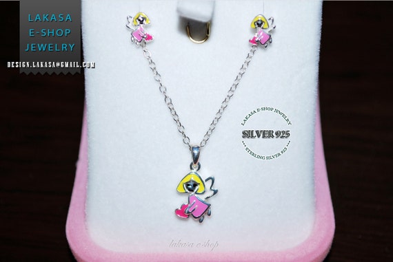 Girls set jewelry princess fairy tale angel heart enamel necklace earrings sterling silver jewelry gift best ideas birthday christmas