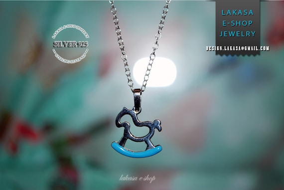 Blue Enamel Horse Carousel Baby Chain Necklace Sterling Silver Handmade Jewelry gift idea mama boy children baptism newborn happy shower day