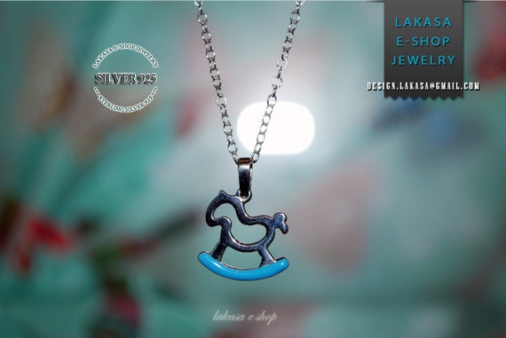 Blue Enamel Horse Carousel Baby Chain Necklace Sterling Silver Handmade Jewelry gift idea mama boy children baptism newborn happy shower day