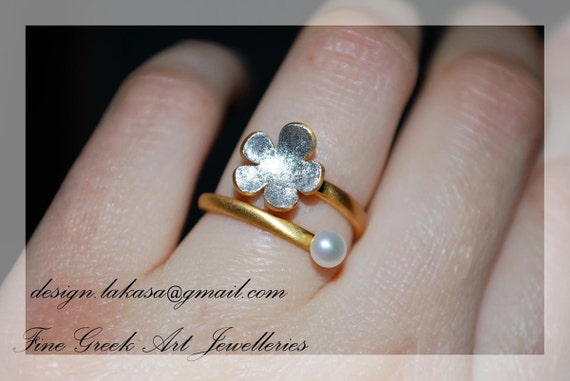 Flower Freshwater Pearl Handmade Ring Silver 925 Gold-plated Handmade Jewelry Best Price ideas Gifts Floral Design Love Anniversary Woman