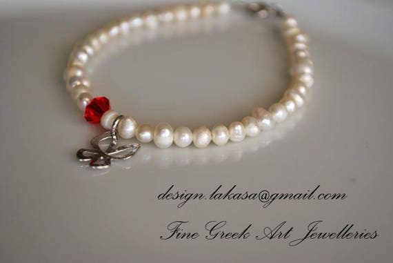 Butterfly Pearls Bracelet Sterling Silver Handmade Jewelry Red Swarovski Crystal Best Gift Friendship Hope Love Birthday Woman Girl Unique