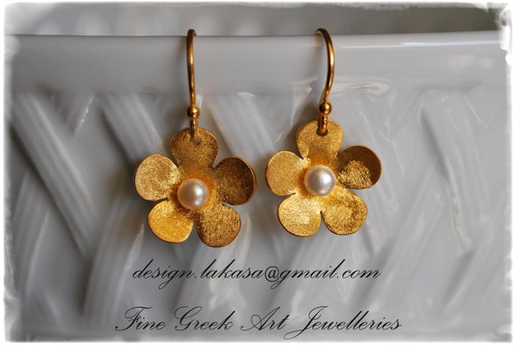 Flower Earrings Sterling Silver Gold plated Handmade Jewelry Freshwater Pearl Woman Mother Best gift for her Floral Design Greek Art Moda