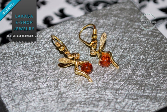 Fairy Earrings Amber Sterling Silver Gold plated Jewelry lakasaeshop Dream Fantasy Best ideas for her Birthday Valentine Woman Anniversary