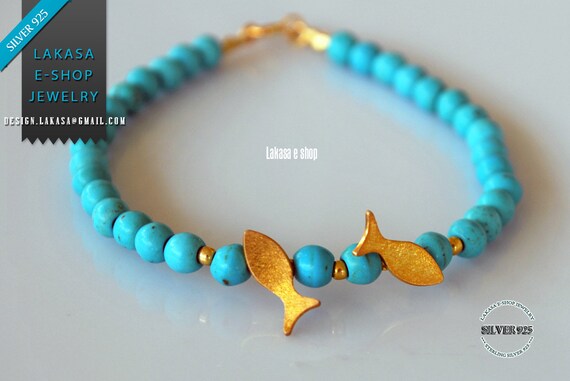 Fish Bracelet Sterling Silver Gold plated Fine Jewelry Blue Beads Pearls Gift Summer Love Birthday Friendship Hapiness Mediterranean Sea