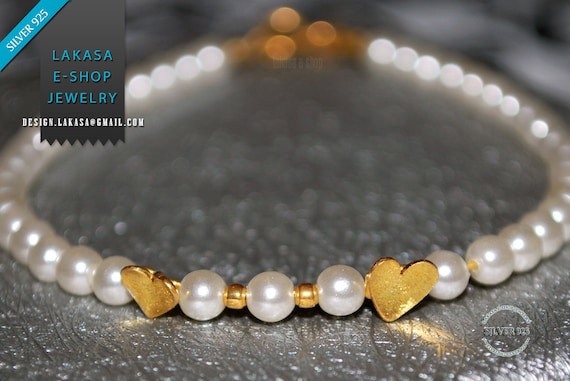 Hearts Pearls Bracelet Sterling Silver 925 Goldplated Handmade Jewelry Best Gift Idea for her Girlfriend Birthday Friendship Valentine Love