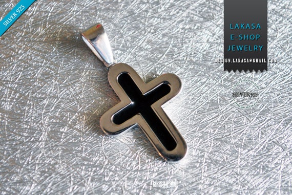 Pendant Black Enamel Cross Sterling Silver white Gold plated Jewelry Greek Art Gift Christian Religious Baptism Collection Men Unisex Moda