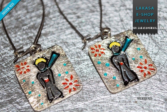 Enamel Little Prince Earrings Sterling Silver white Gold plated Handmade Jewelry Fine Greek Art Quality Best gift ideas her Woman Girlfriend