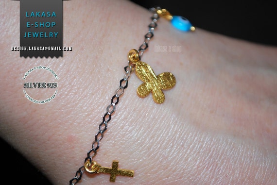 Butterfly Bracelet Sterling Silver Gold-plated Fine Jewellery in chain with Cross and Eye Lakasa e-shop Best Ideas Gift for children & woman